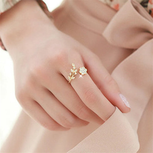 2018 Rose Gold Rings Adjustable Opening For Women Crystal Leaf Flowers Rings For Female Fashion Silver Plated Rings For Ladies